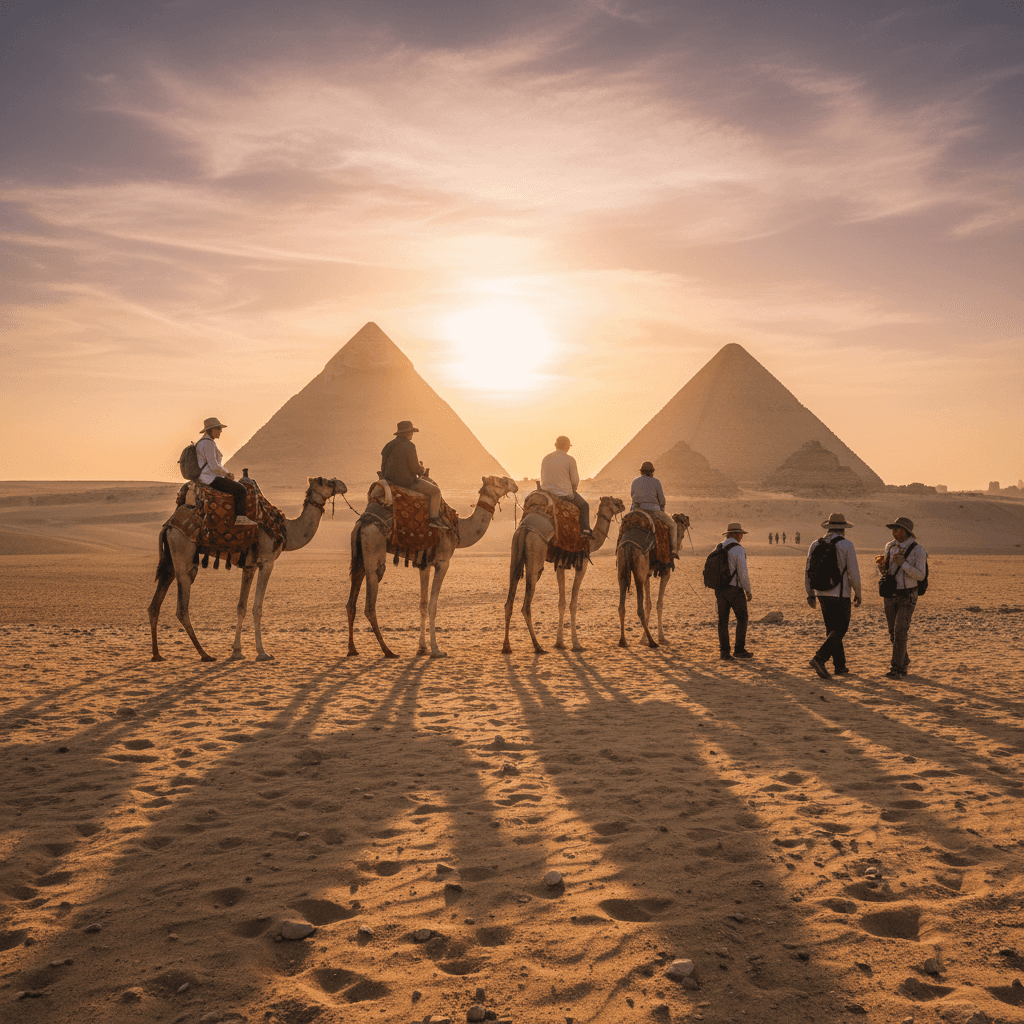 Travelers at the pyramids of Giza on a Cairo tour